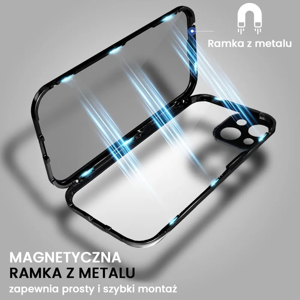 Obudowa do iPhone 13, pancerna szyba i aluminium 360° przód + tył magnetyczna, z osłoną aparatu i szkłem prywatyzującym, czarna