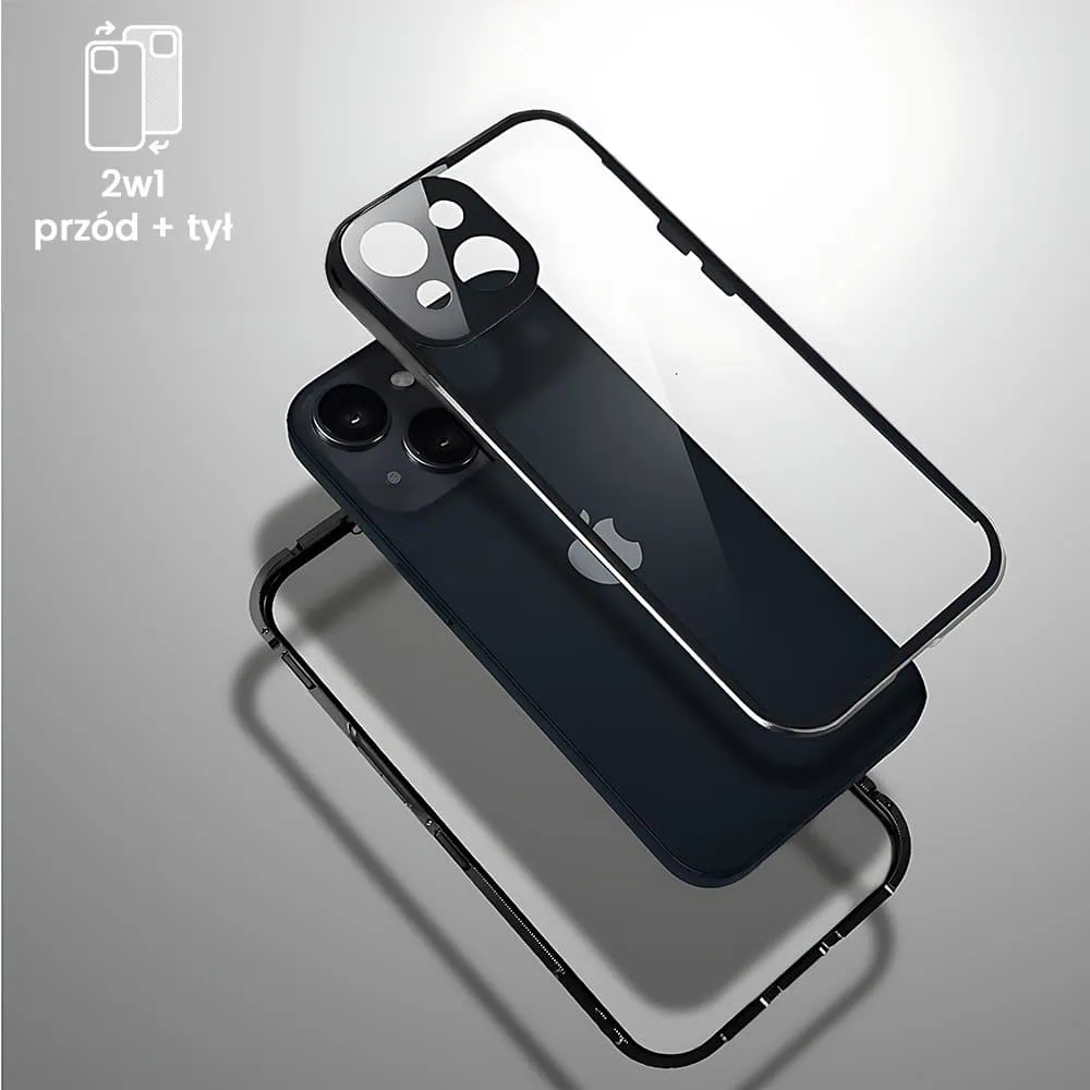 Obudowa do iPhone 13, pancerna szyba i aluminium 360° przód + tył magnetyczna, z osłoną aparatu i szkłem prywatyzującym, czarna