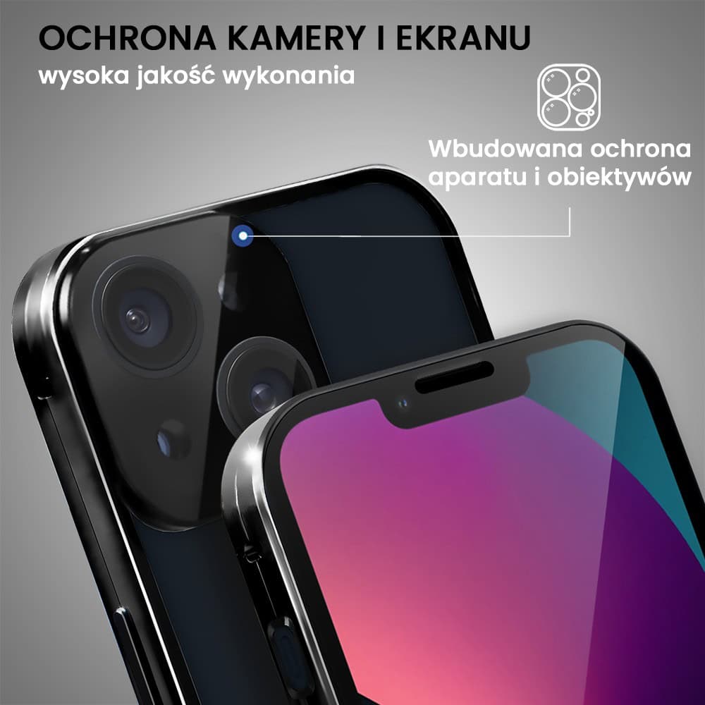 Obudowa do iPhone 13, pancerna szyba i aluminium 360° przód + tył magnetyczna, z osłoną aparatu i szkłem prywatyzującym, czarna