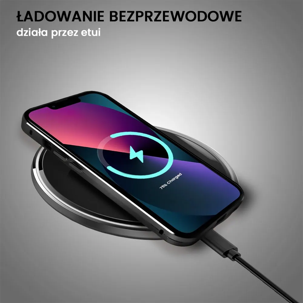 Obudowa do iPhone 13, pancerna szyba i aluminium 360° przód + tył magnetyczna, z osłoną aparatu i szkłem prywatyzującym, czarna