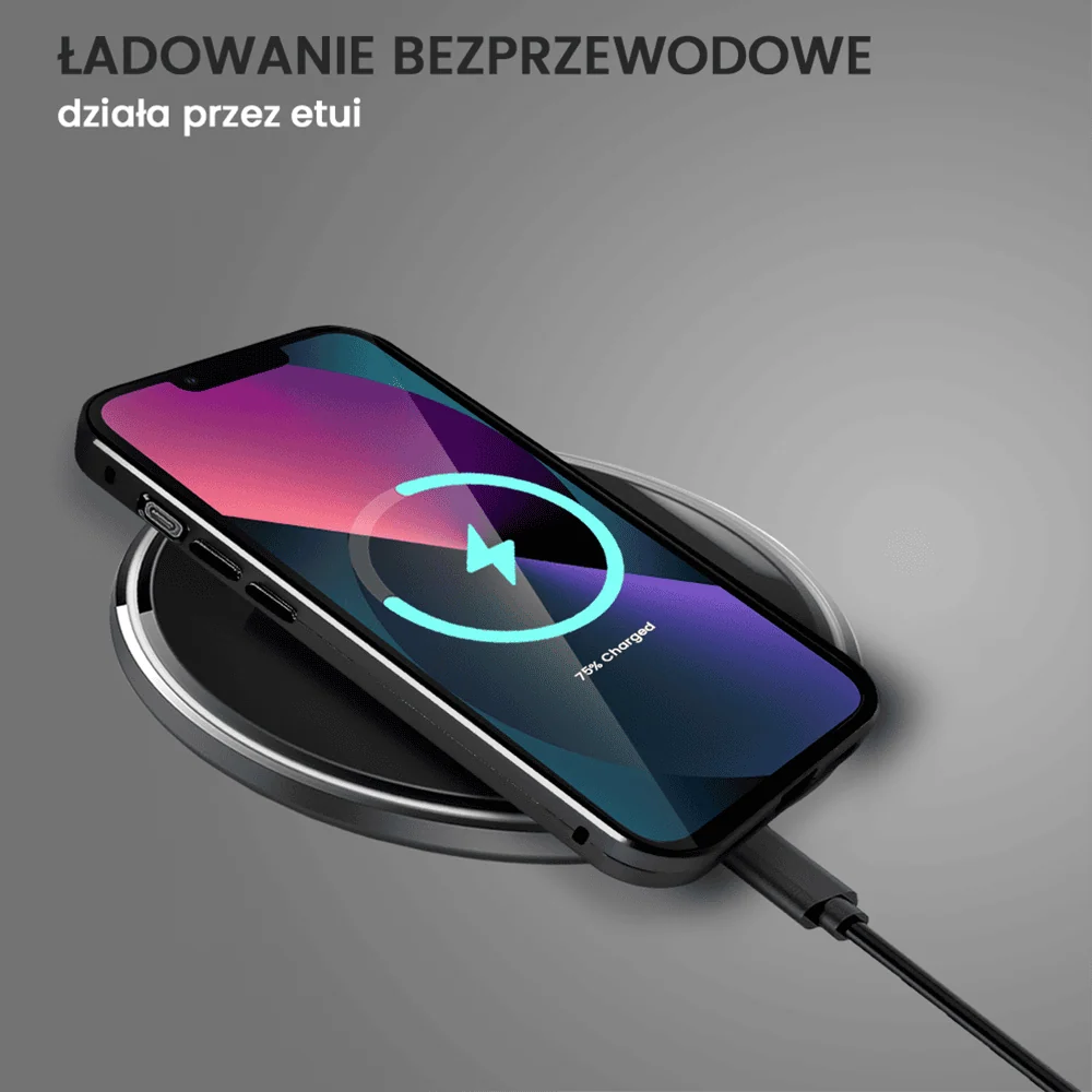 Obudowa do iPhone 13 podwójna szyba i aluminium 360° przód + tył magnetyczna, matowy tył, z MagSafe i osłoną aparatu, czarna