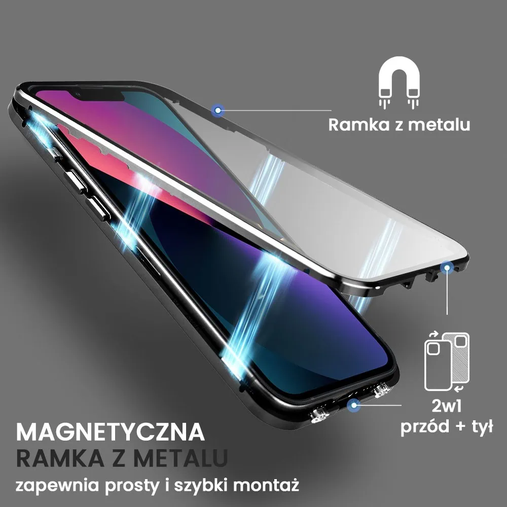 Obudowa do iPhone 13 podwójna szyba i aluminium 360° przód + tył magnetyczna, matowy tył, z MagSafe i osłoną aparatu, czarna