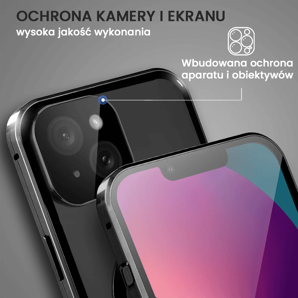 Obudowa do iPhone 13 podwójna szyba i aluminium 360° przód + tył magnetyczna, matowy tył, z MagSafe i osłoną aparatu, czarna