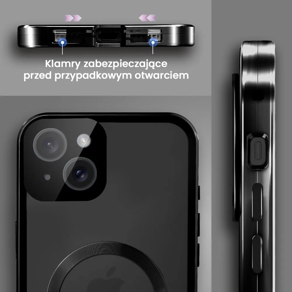 Obudowa do iPhone 13 podwójna szyba i aluminium 360° przód + tył magnetyczna, matowy tył, z MagSafe i osłoną aparatu, czarna