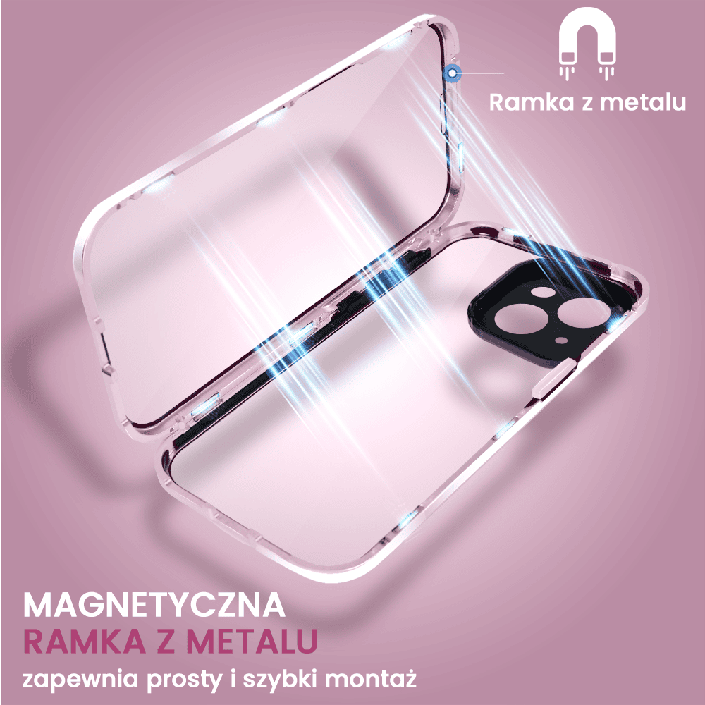 Obudowa do iPhone 13 podwójna szyba i polerowane aluminium 360° magnetyczna, z osłoną aparatu, różowa