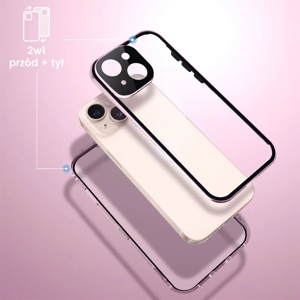 Obudowa do iPhone 13 podwójna szyba i polerowane aluminium 360° magnetyczna, z osłoną aparatu, różowa