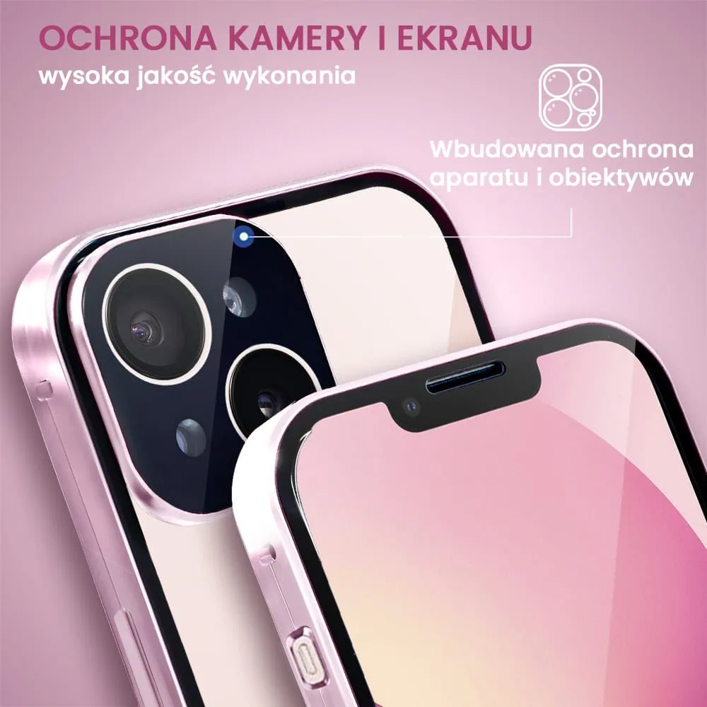 Obudowa do iPhone 13 podwójna szyba i polerowane aluminium 360° magnetyczna, z osłoną aparatu, różowa