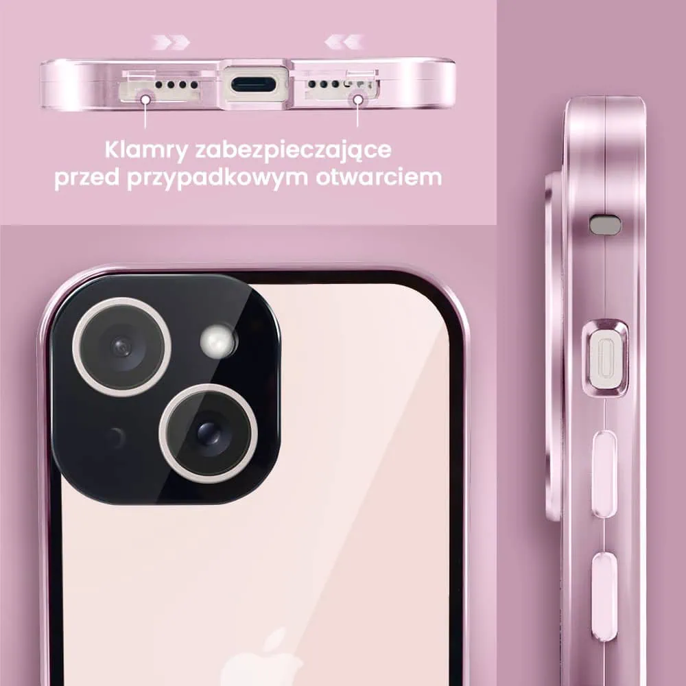 Obudowa do iPhone 13 podwójna szyba i polerowane aluminium 360° magnetyczna, z osłoną aparatu, różowa