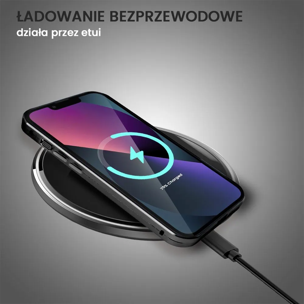 Obudowa do iPhone 13 podwójna szyba i polerowane aluminium 360° magnetyczna, z osłoną aparatu, czarna