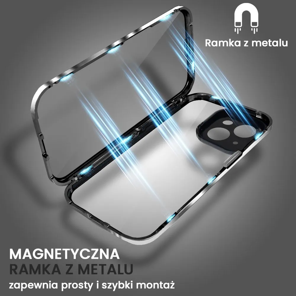 Obudowa do iPhone 13 podwójna szyba i polerowane aluminium 360° magnetyczna, z osłoną aparatu, czarna