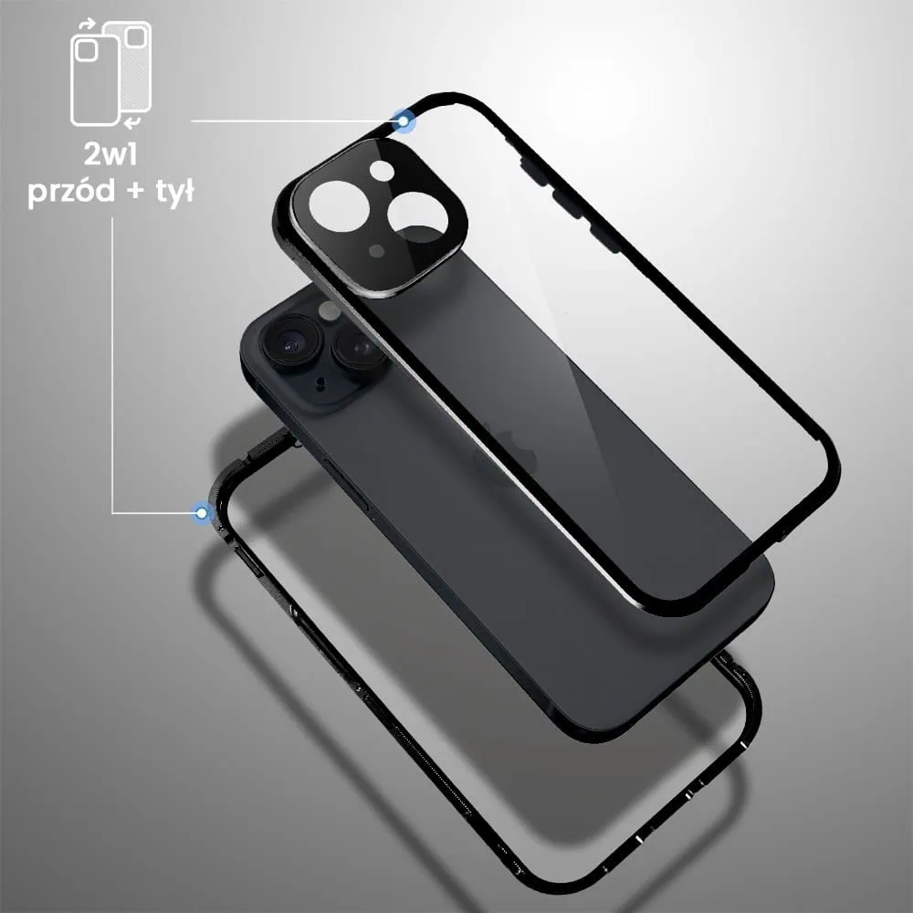 Obudowa do iPhone 13 podwójna szyba i polerowane aluminium 360° magnetyczna, z osłoną aparatu, czarna