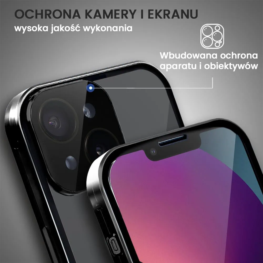 Obudowa do iPhone 13 podwójna szyba i polerowane aluminium 360° magnetyczna, z osłoną aparatu, czarna