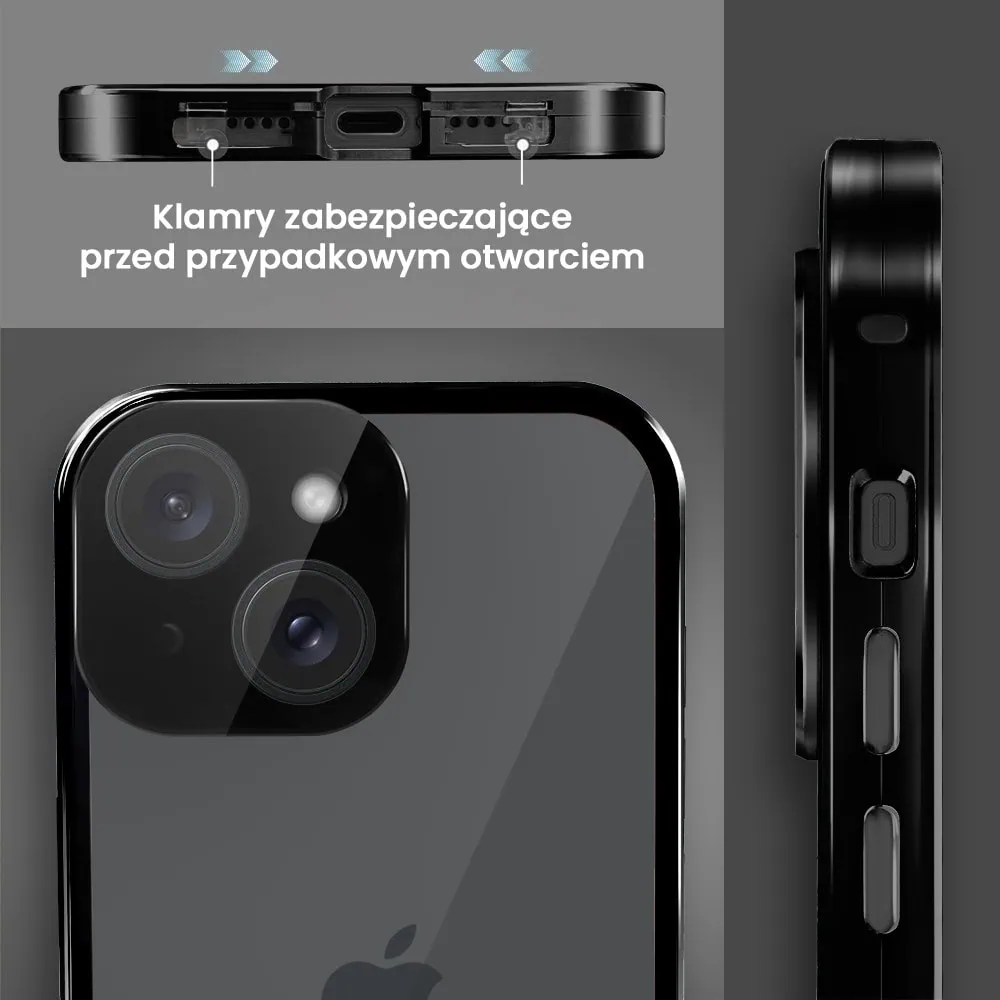 Obudowa do iPhone 13 podwójna szyba i polerowane aluminium 360° magnetyczna, z osłoną aparatu, czarna