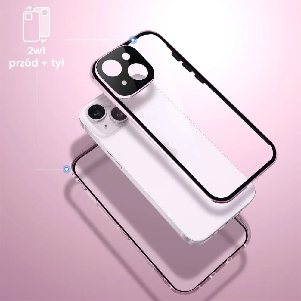 Obudowa do iPhone 14 podwójna szyba i aluminium 360° przód + tył magnetyczna, z osłoną aparatu, różowa