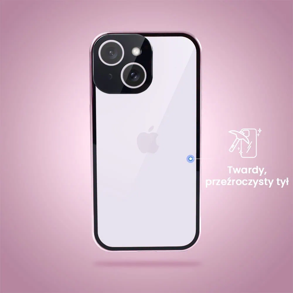 Obudowa do iPhone 14 podwójna szyba i aluminium 360° przód + tył magnetyczna, z osłoną aparatu, różowa