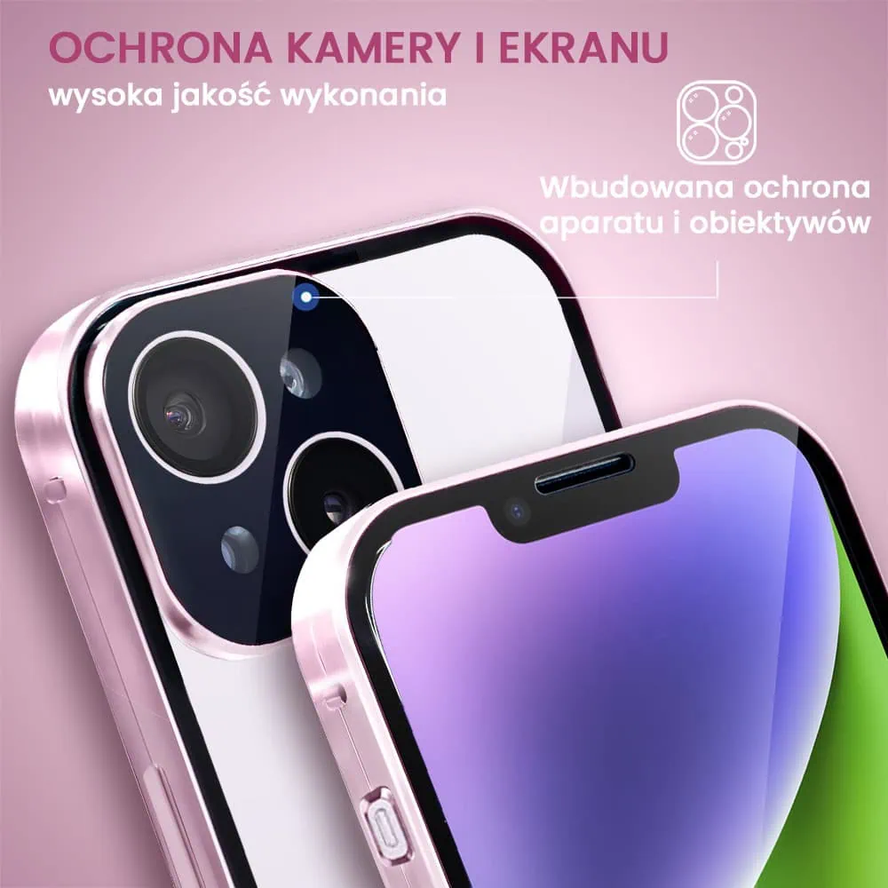 Obudowa do iPhone 14 podwójna szyba i aluminium 360° przód + tył magnetyczna, z osłoną aparatu, różowa