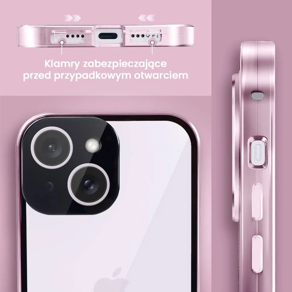 Obudowa do iPhone 14 podwójna szyba i aluminium 360° przód + tył magnetyczna, z osłoną aparatu, różowa