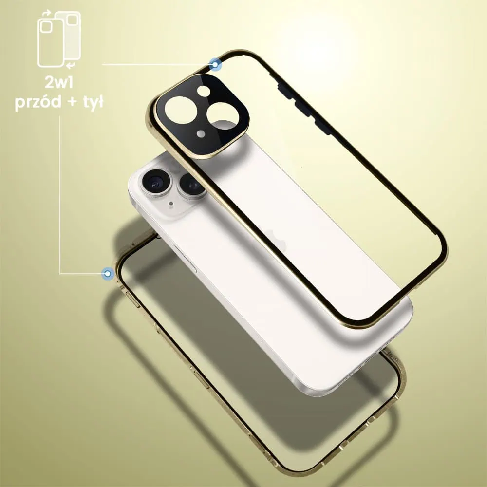 Obudowa do iPhone 14, podwójna szyba i polerowane aluminium 360° magnetyczna, z osłoną aparatu, złota
