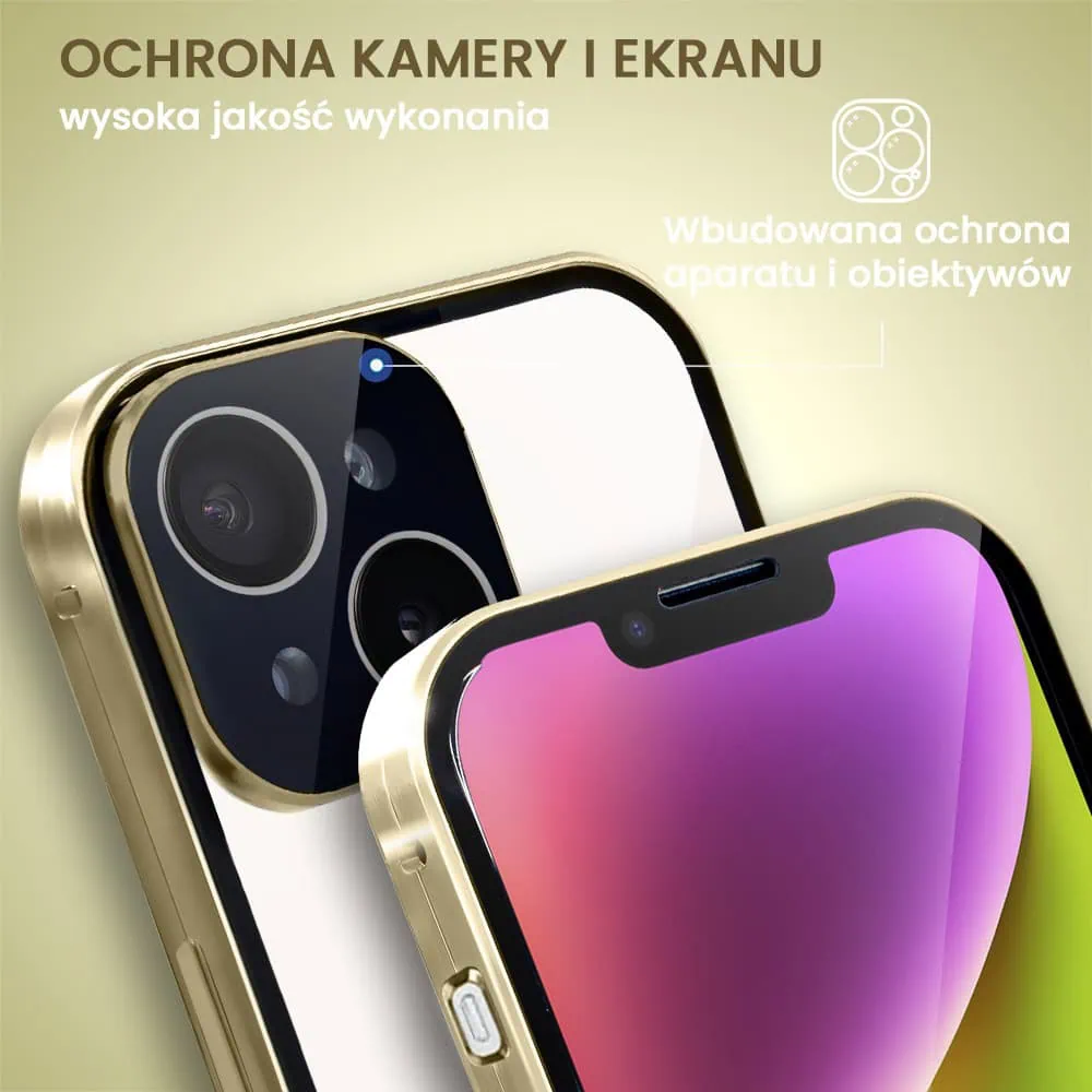 Obudowa do iPhone 14, podwójna szyba i polerowane aluminium 360° magnetyczna, z osłoną aparatu, złota