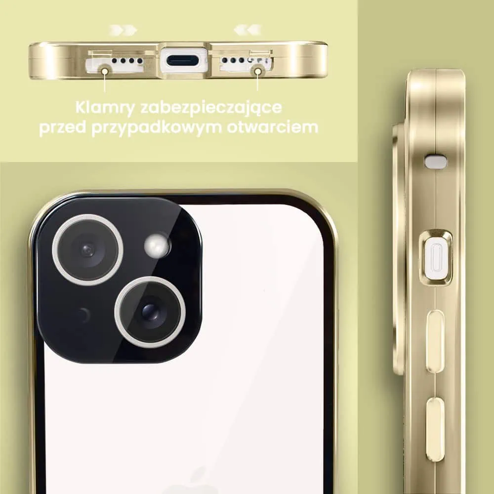 Obudowa do iPhone 14, podwójna szyba i polerowane aluminium 360° magnetyczna, z osłoną aparatu, złota