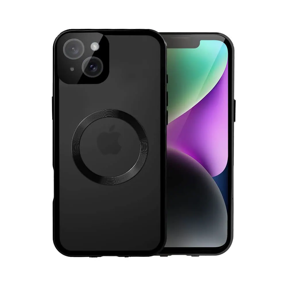 Obudowa do iPhone 14 Plus podwójna szyba i aluminium 360° przód + tył magnetyczna, matowy tył, z MagSafe i osłoną aparatu, czarna