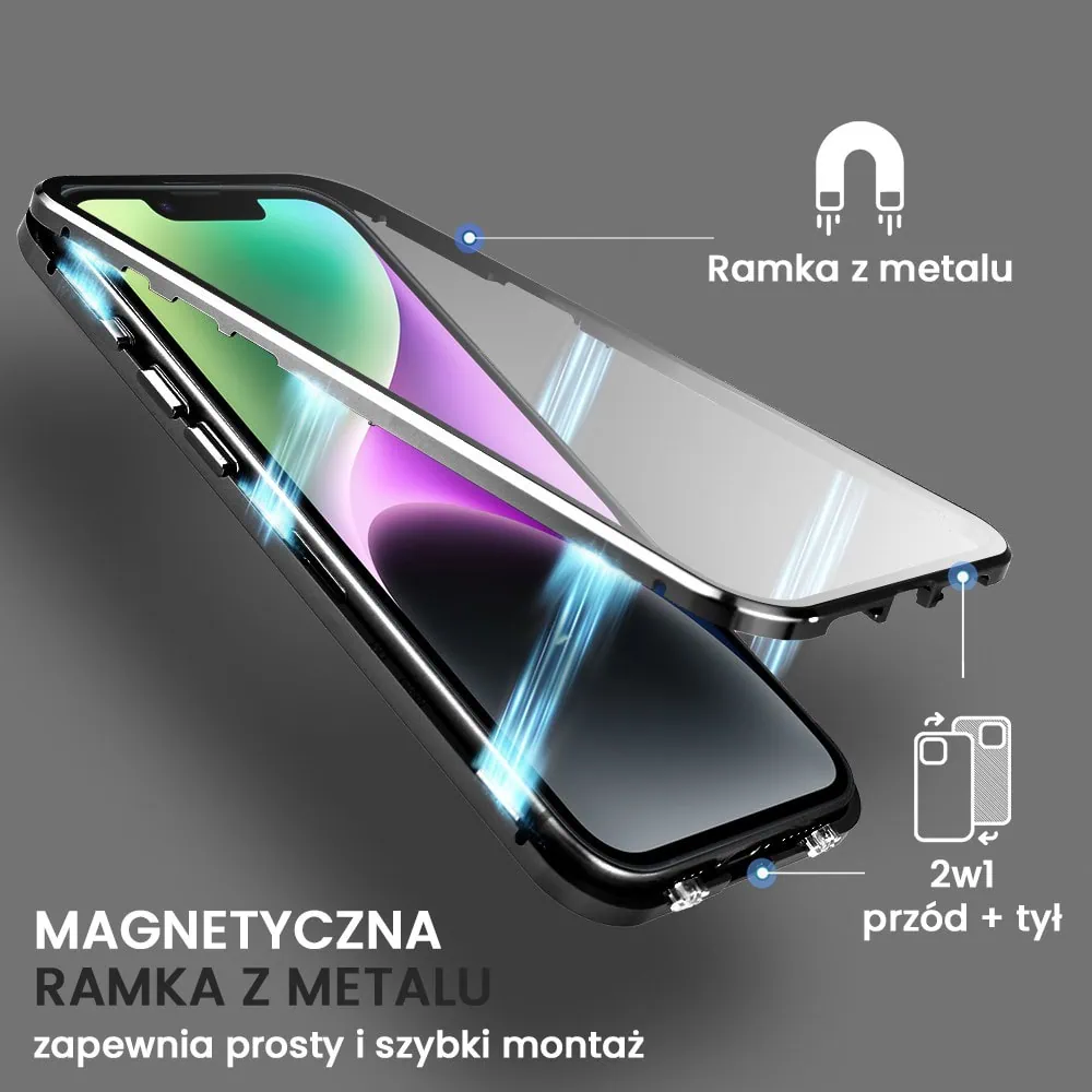 Obudowa do iPhone 14 Plus podwójna szyba i aluminium 360° przód + tył magnetyczna, matowy tył, z MagSafe i osłoną aparatu, czarna