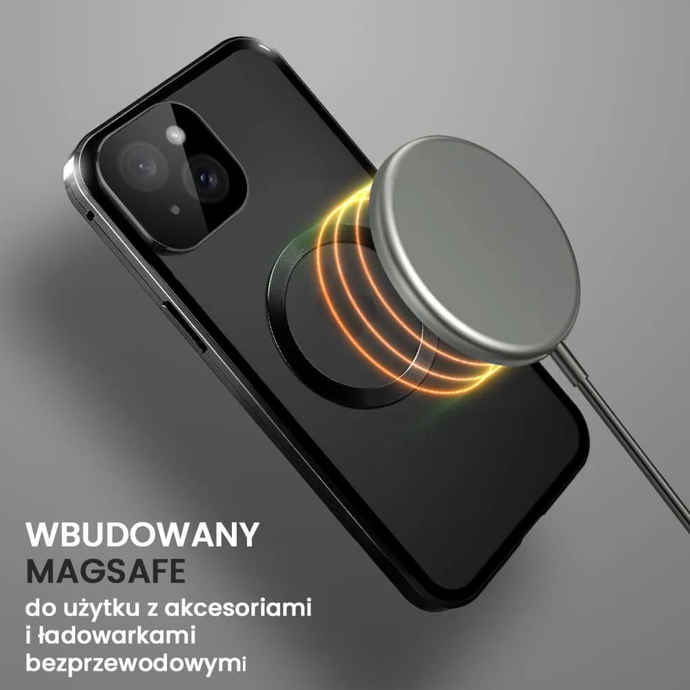 Obudowa do iPhone 14 Plus podwójna szyba i aluminium 360° przód + tył magnetyczna, matowy tył, z MagSafe i osłoną aparatu, czarna