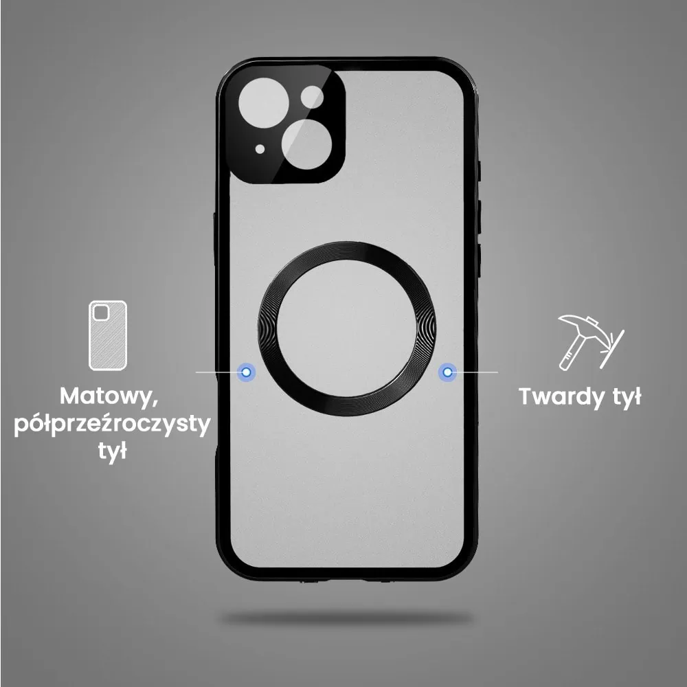 Obudowa do iPhone 14 Plus podwójna szyba i aluminium 360° przód + tył magnetyczna, matowy tył, z MagSafe i osłoną aparatu, czarna
