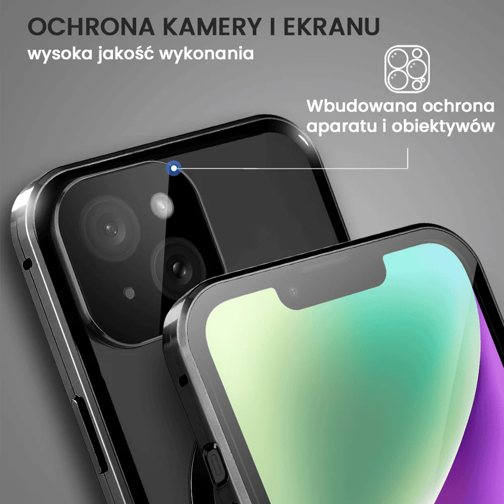 Obudowa do iPhone 14 Plus podwójna szyba i aluminium 360° przód + tył magnetyczna, matowy tył, z MagSafe i osłoną aparatu, czarna
