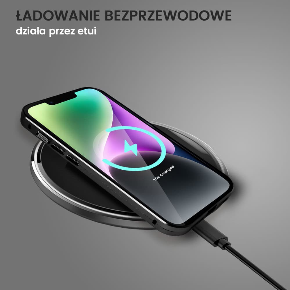 Obudowa do iPhone 14 Plus podwójna szyba i aluminium 360° przód + tył magnetyczna, matowy tył, z MagSafe i osłoną aparatu, czarna