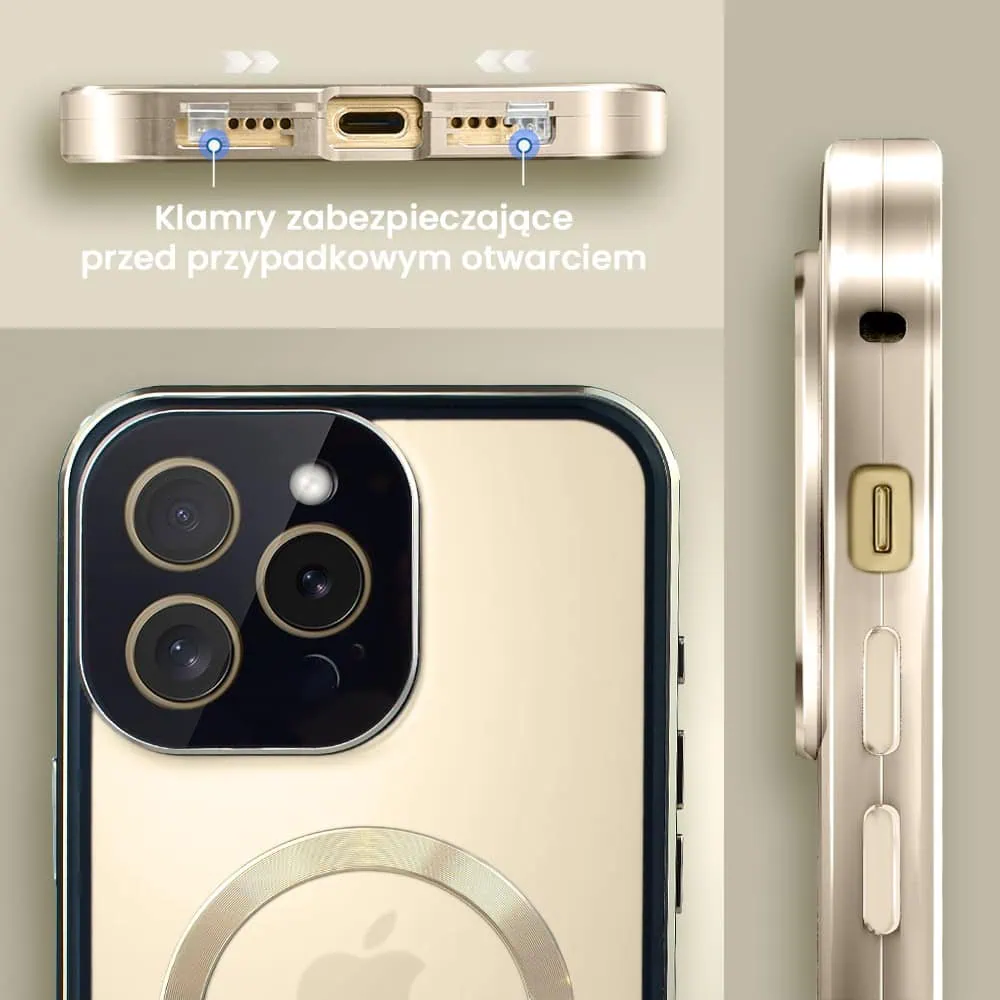 Obudowa do iPhone 14 Pro podwójna szyba i aluminium 360° przód + tył magnetyczna, matowy tył, z MagSafe i osłoną aparatu, złote