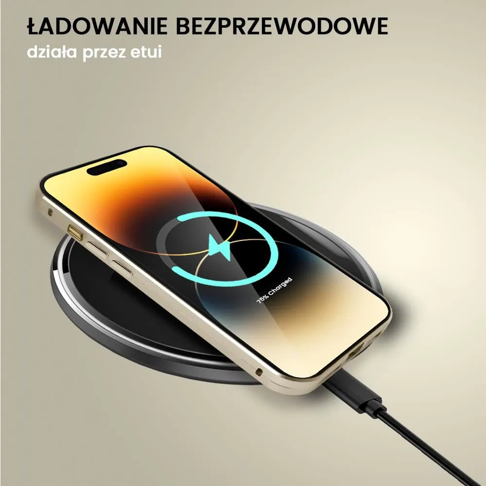 Obudowa do iPhone 14 Pro podwójna szyba i aluminium 360° przód + tył magnetyczna, matowy tył, z MagSafe i osłoną aparatu, złote