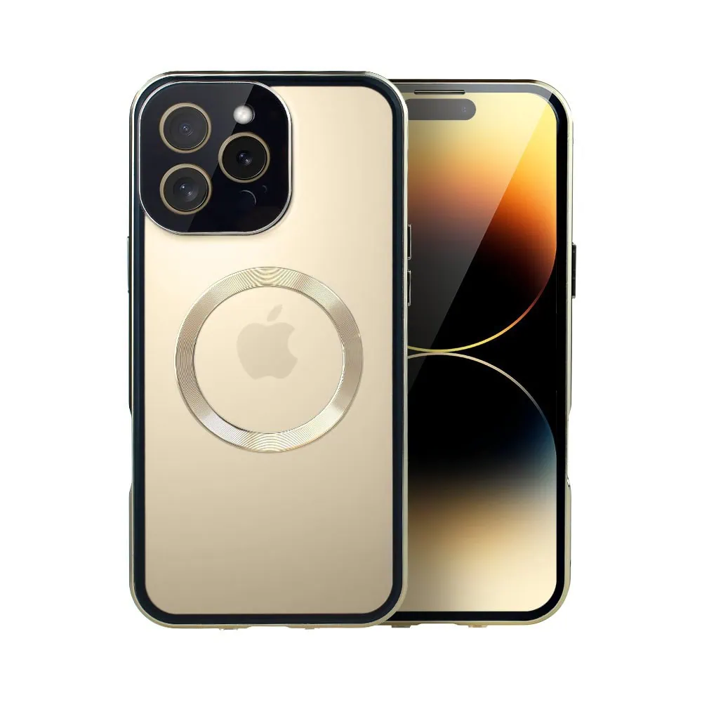 Obudowa do iPhone 14 Pro podwójna szyba i aluminium 360° przód + tył magnetyczna, matowy tył, z MagSafe i osłoną aparatu, złote