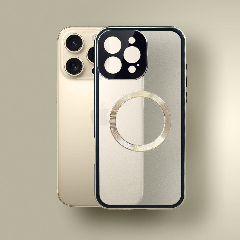 Obudowa do iPhone 14 Pro podwójna szyba i aluminium 360° przód + tył magnetyczna, matowy tył, z MagSafe i osłoną aparatu, złote