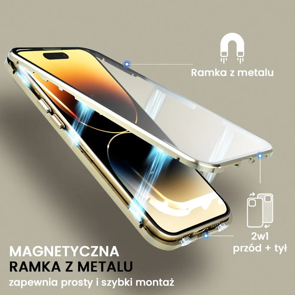 Obudowa do iPhone 14 Pro podwójna szyba i aluminium 360° przód + tył magnetyczna, matowy tył, z MagSafe i osłoną aparatu, złote