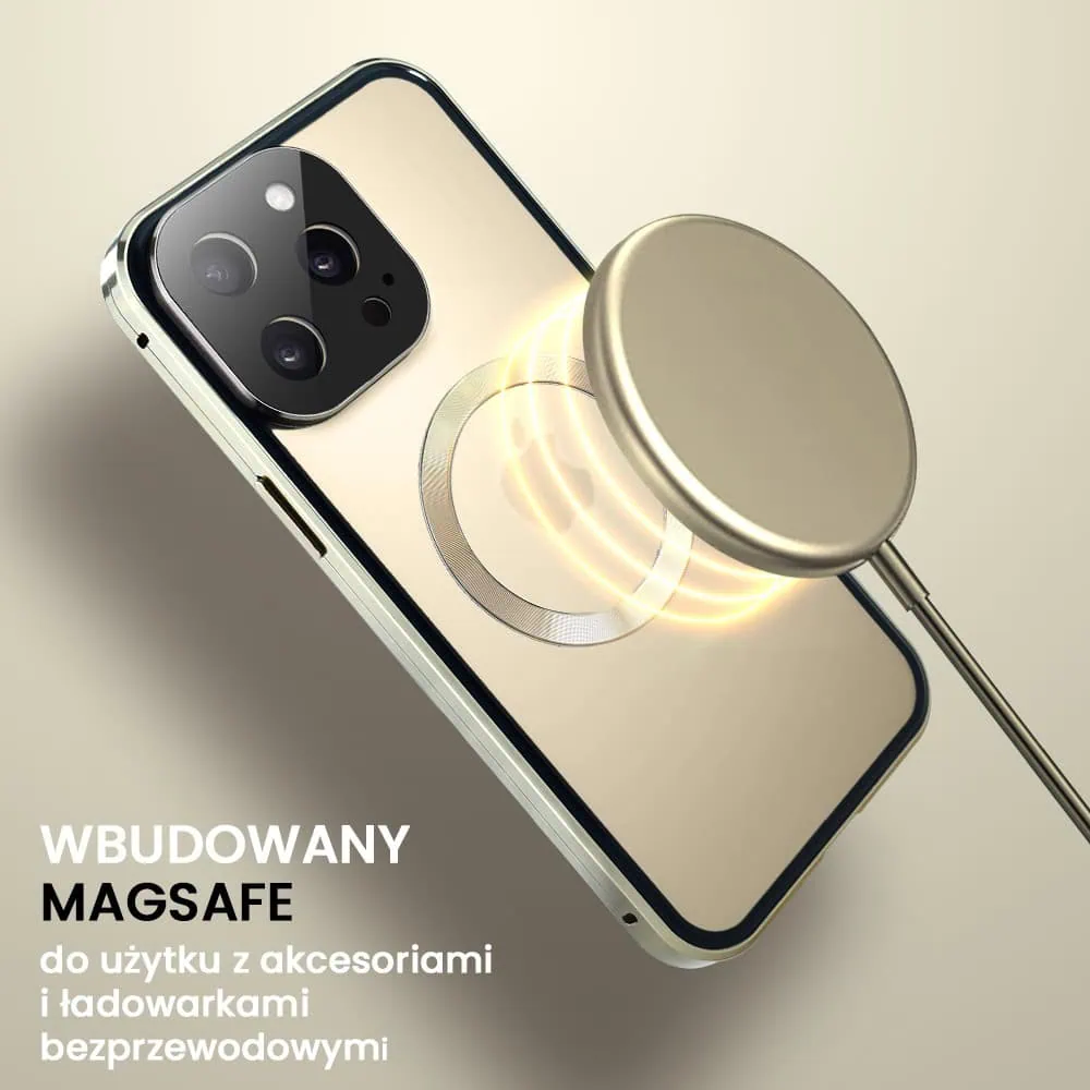 Obudowa do iPhone 14 Pro podwójna szyba i aluminium 360° przód + tył magnetyczna, matowy tył, z MagSafe i osłoną aparatu, złote