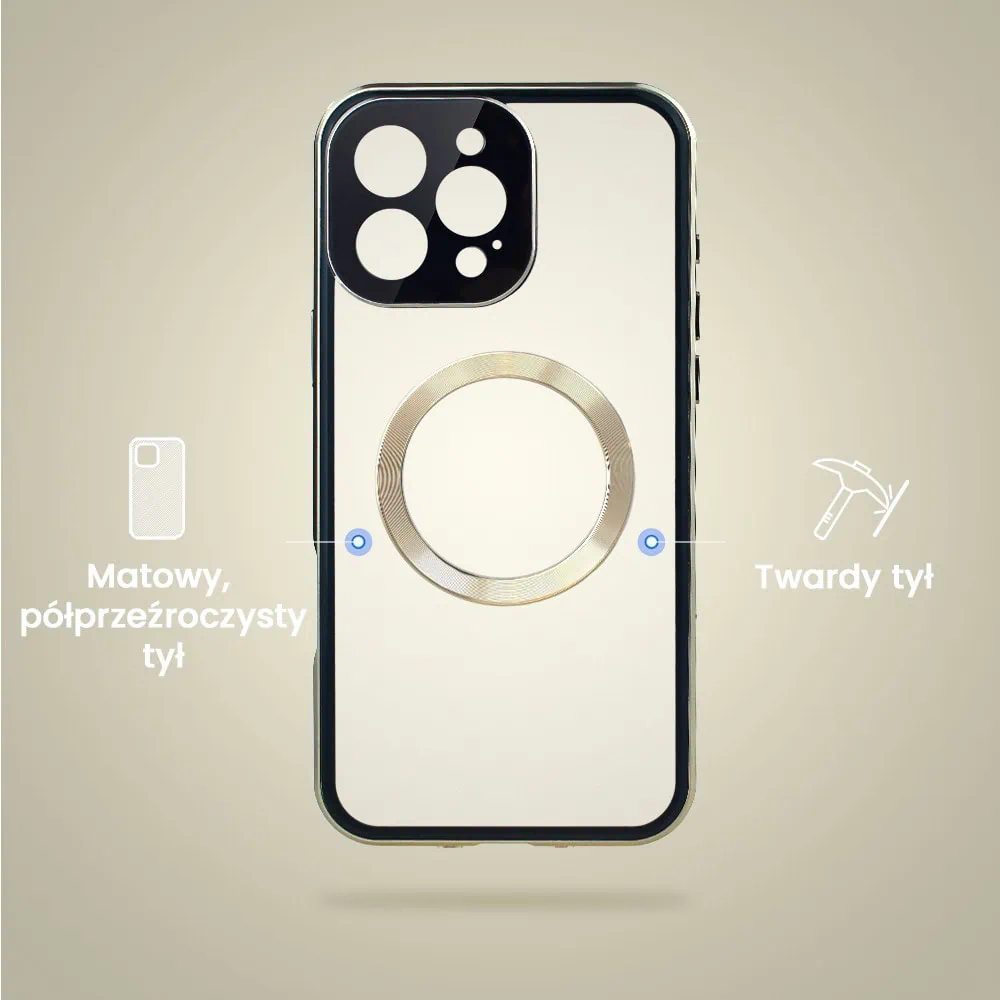 Obudowa do iPhone 14 Pro podwójna szyba i aluminium 360° przód + tył magnetyczna, matowy tył, z MagSafe i osłoną aparatu, złote
