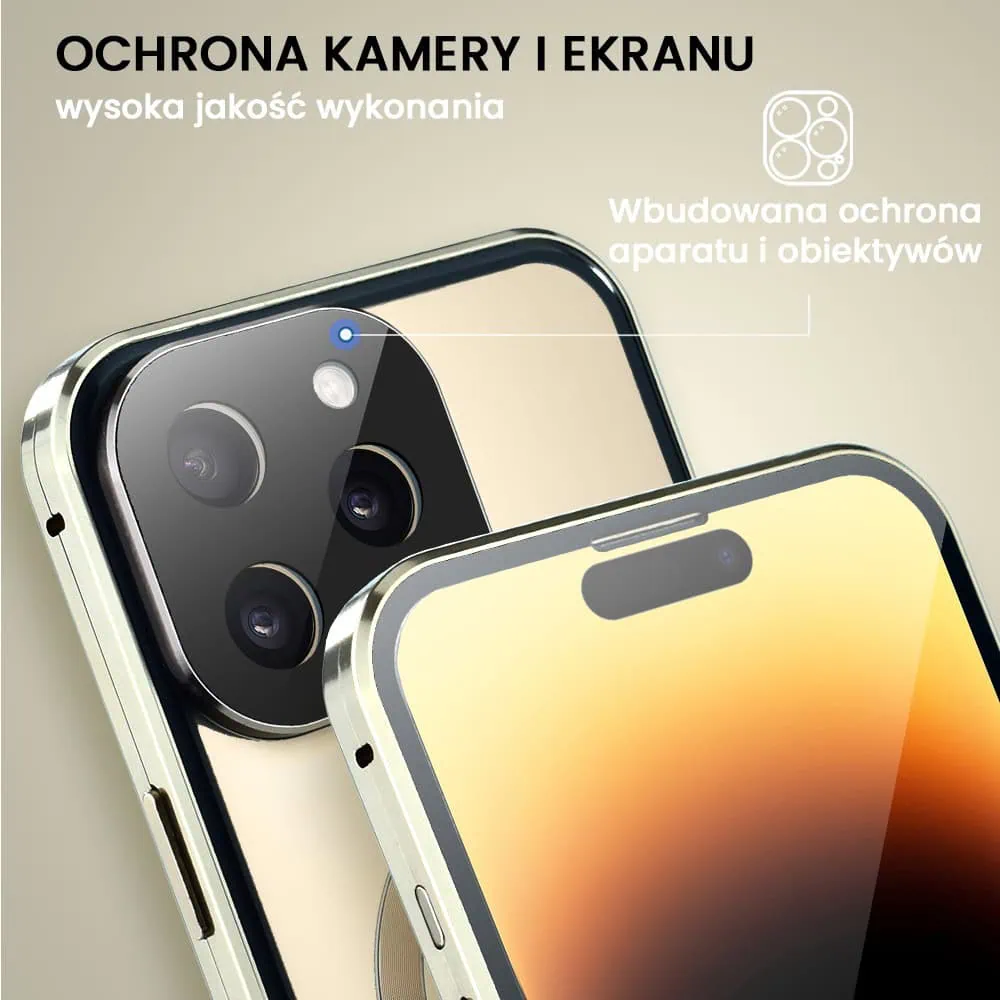 Obudowa do iPhone 14 Pro podwójna szyba i aluminium 360° przód + tył magnetyczna, matowy tył, z MagSafe i osłoną aparatu, złote