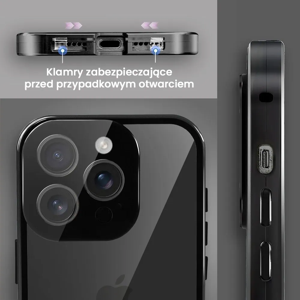 Obudowa do iPhone 14 Pro, podwójna szyba i aluminium 360° przód + tył magnetyczna, z osłoną aparatu i szkłem prywatyzującym, czarna