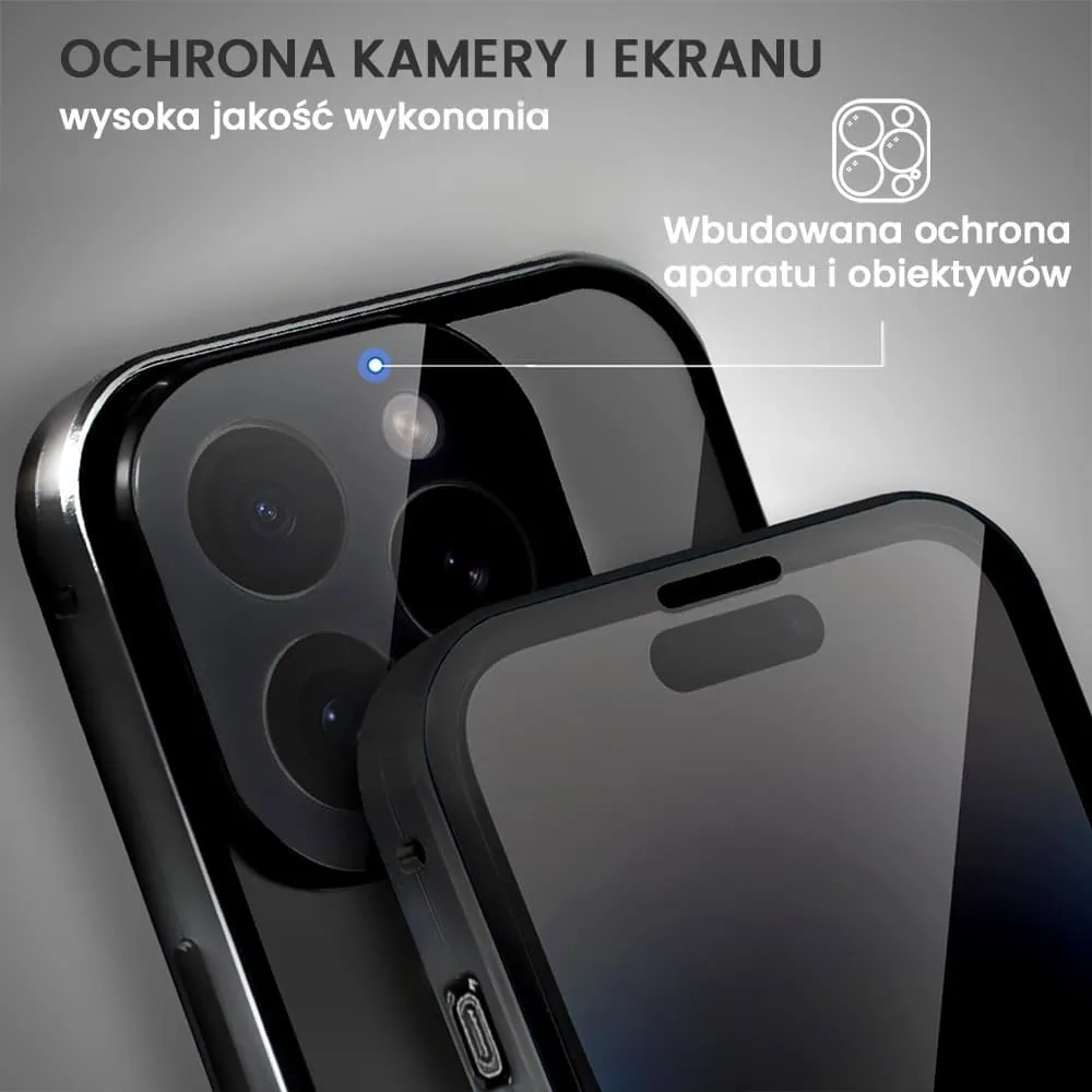 Obudowa do iPhone 14 Pro, podwójna szyba i aluminium 360° przód + tył magnetyczna, z osłoną aparatu i szkłem prywatyzującym, czarna