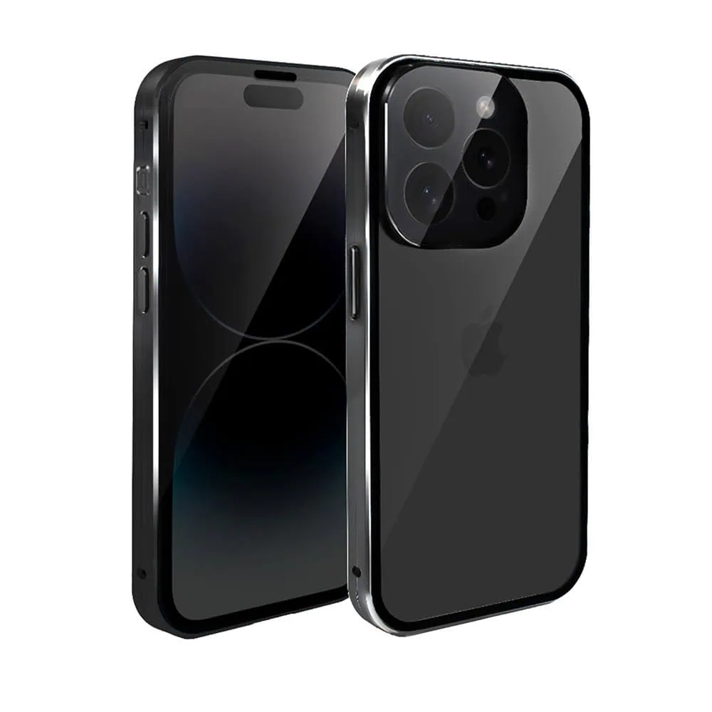 Obudowa do iPhone 14 Pro, podwójna szyba i aluminium 360° przód + tył magnetyczna, z osłoną aparatu i szkłem prywatyzującym, czarna