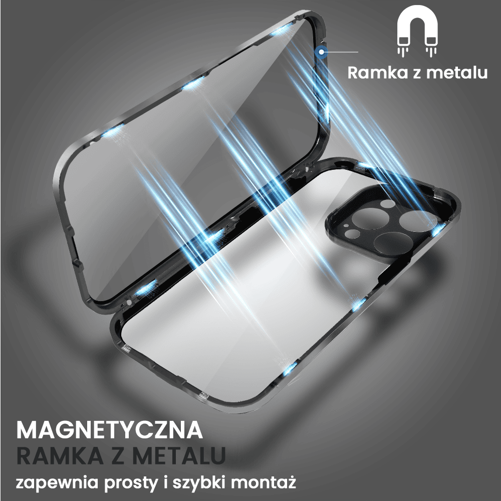 Obudowa do iPhone 14 Pro, podwójna szyba i aluminium 360° przód + tył magnetyczna, z osłoną aparatu i szkłem prywatyzującym, czarna