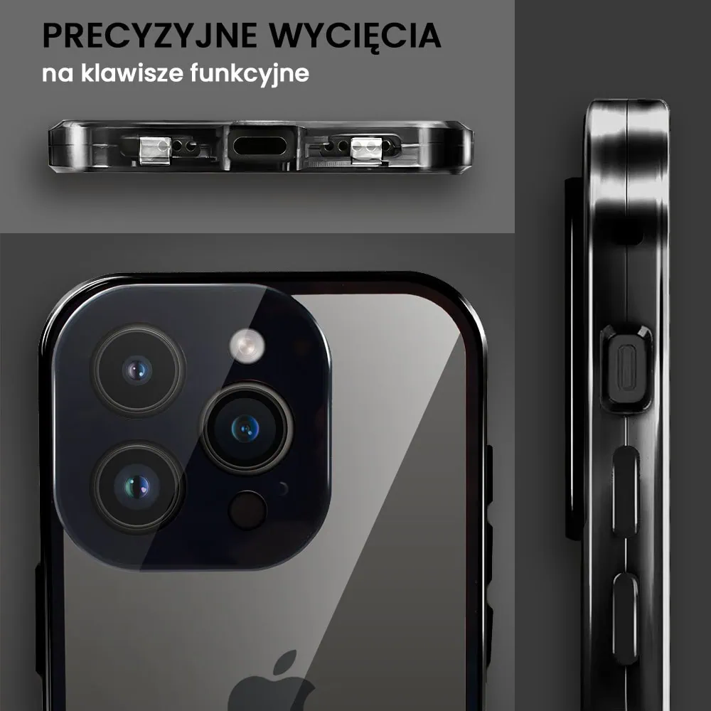 Obudowa do iPhone 14 Pro podwójna szyba i polerowane aluminium 360° magnetyczna, z osłoną aparatu, czarna