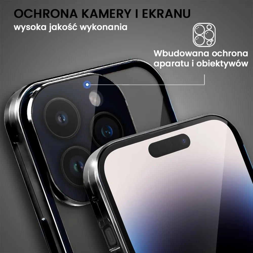 Obudowa do iPhone 14 Pro podwójna szyba i polerowane aluminium 360° magnetyczna, z osłoną aparatu, czarna