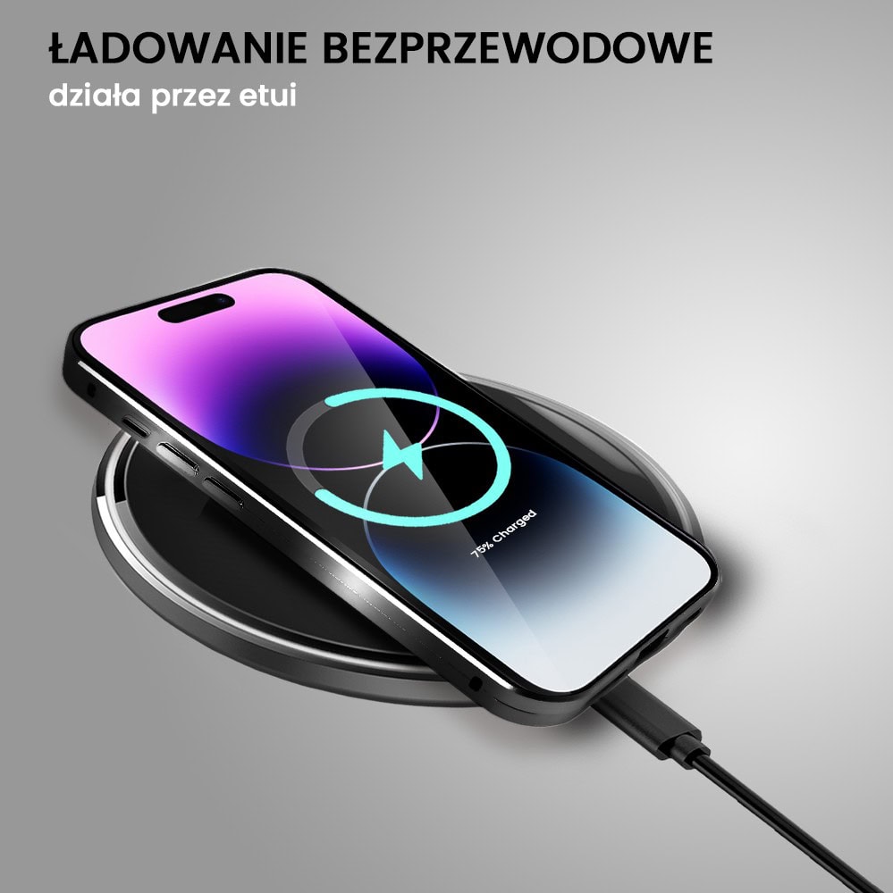 Obudowa do iPhone 14 Pro podwójna szyba i aluminium 360° przód + tył magnetyczna, matowy tył, z MagSafe i osłoną aparatu, czarna