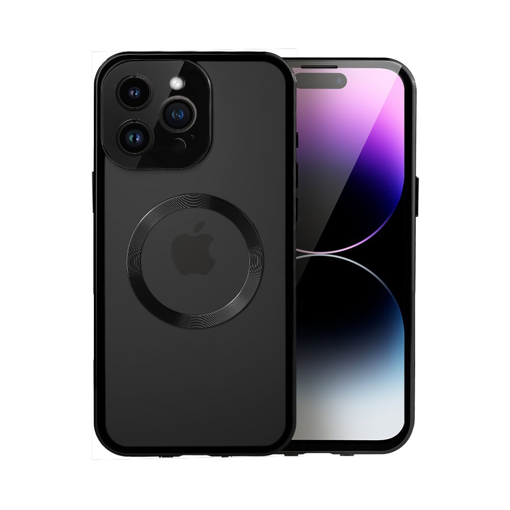 Obudowa do iPhone 14 Pro podwójna szyba i aluminium 360° przód + tył magnetyczna, matowy tył, z MagSafe i osłoną aparatu, czarna