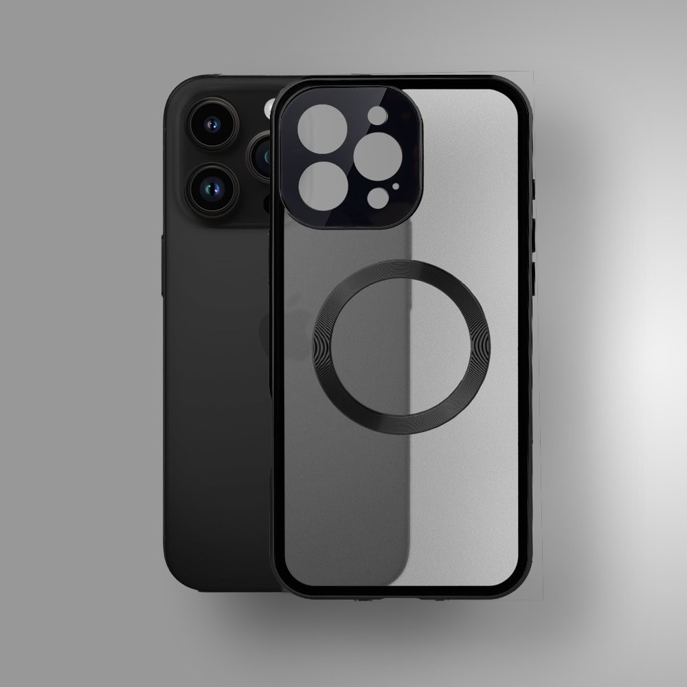 Obudowa do iPhone 14 Pro podwójna szyba i aluminium 360° przód + tył magnetyczna, matowy tył, z MagSafe i osłoną aparatu, czarna