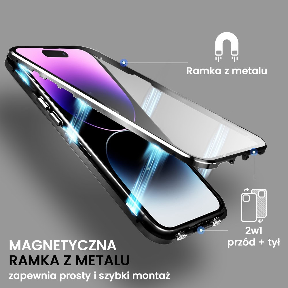 Obudowa do iPhone 14 Pro podwójna szyba i aluminium 360° przód + tył magnetyczna, matowy tył, z MagSafe i osłoną aparatu, czarna