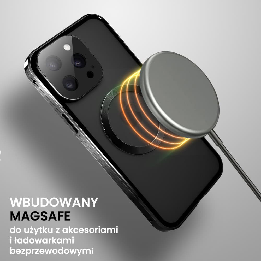 Obudowa do iPhone 14 Pro podwójna szyba i aluminium 360° przód + tył magnetyczna, matowy tył, z MagSafe i osłoną aparatu, czarna