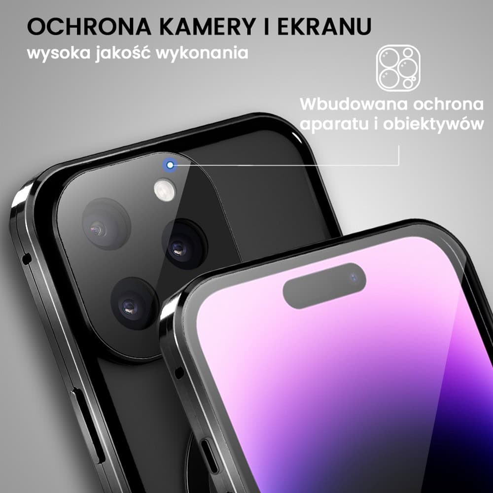 Obudowa do iPhone 14 Pro podwójna szyba i aluminium 360° przód + tył magnetyczna, matowy tył, z MagSafe i osłoną aparatu, czarna